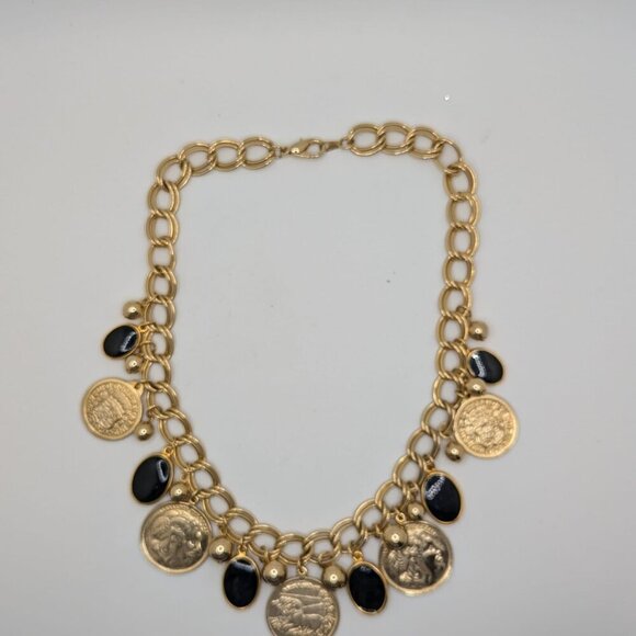 Coin Necklace Black Disc Charms Coin Dangles Charms Gold Tone Link Chain 24" - Picture 3 of 7